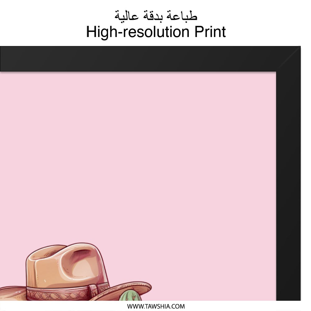 Cactus Wall Art, Cowboy Hat Print, Pink Flower Decor, Western Art Print, Desert Wall Decor, Cute Plant Art, Home Decor, Gift Idea - Tawshia