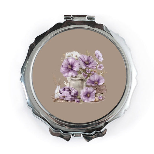 Floral Pocket Mirror, Purple Flowers, Retro Phone Compact Mirror, Botanical Makeup Mirror, Vintage Vanity Gift, Floral Handbag Mirror - Tawshia