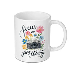 Focus on Positivity Mug, Camera Floral Mug, Positive Thinking Coffee Cup, Photography Lover Gift, Inspirational Mug, Gifts for Her - Tawshia
