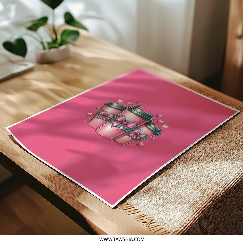 Pink Coffee Cups Photographic Prints, Cute Coffee Art Prints, Bow Coffee Photo, Girly Home Decor, Coffee Lover Gift, Valentine Prints - Tawshia
