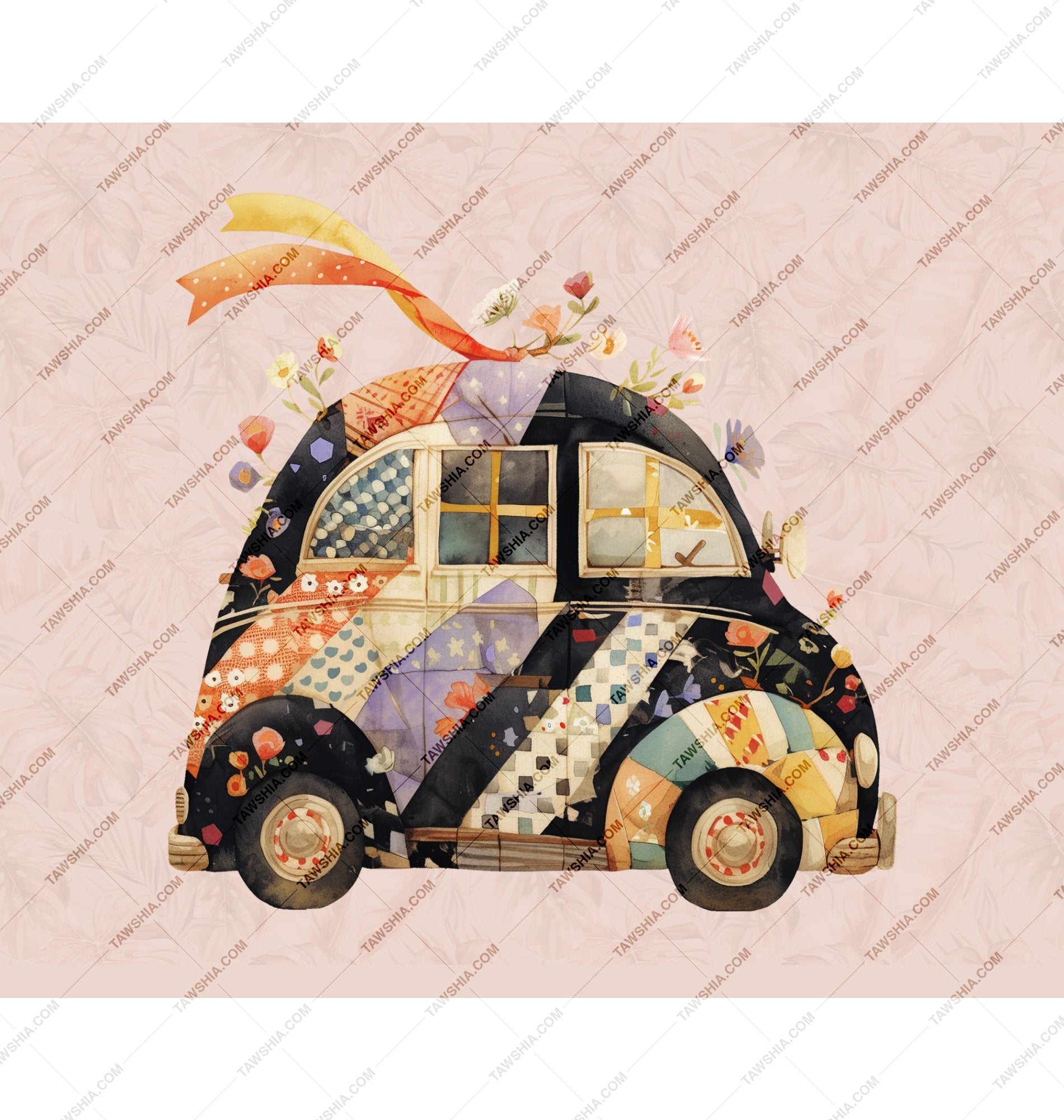 Whimsical Quilted Flower Van Design Wall Art product