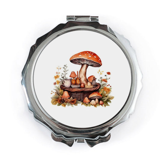 Mushroom Basket Pocket Mirror, Cottagecore Aesthetic, Fungi Compact Mirror, Whimsical Illustration, Gift for Mushroom Lovers, Cute Makeup - Tawshia