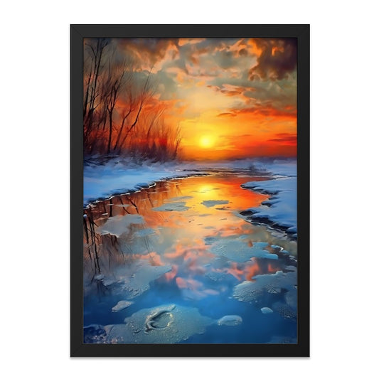 Winter Sunset River Wall Art, Icy Reflection Landscape Print, Nature Home Decor, Peaceful Scenery Artwork, Bright Sky Wall Hanging - Tawshia