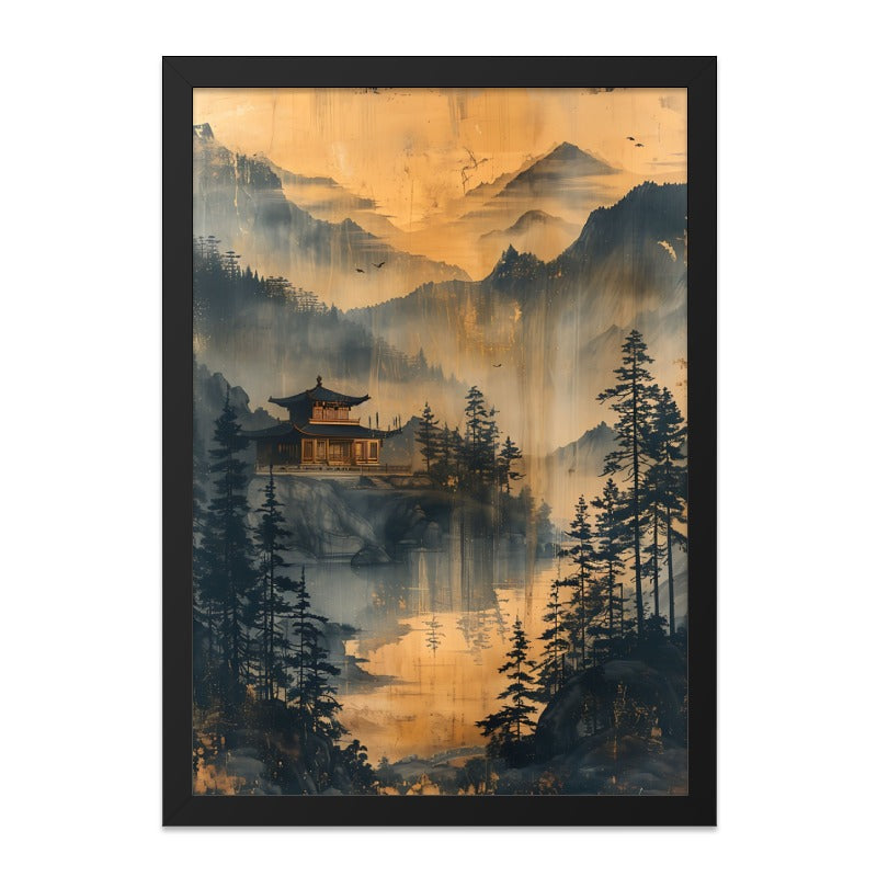 Japanese Temple Wall Art, Asian Landscape Art, Mountain Scene Print, Pagoda Art Print, Zen Decor, Home Decor, Framed Art, Wall Decor - Tawshia