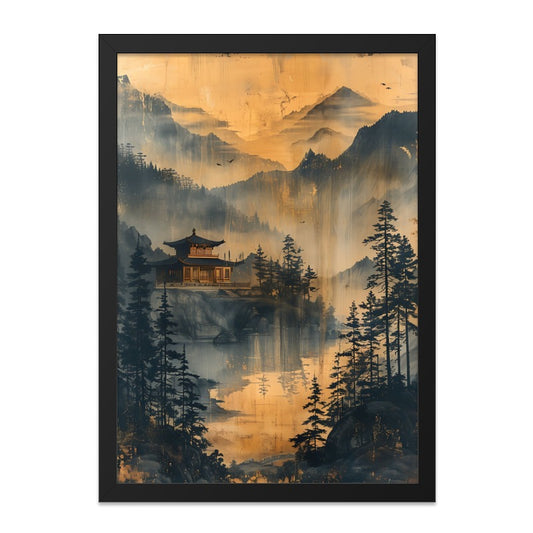 Japanese Temple Wall Art, Asian Landscape Art, Mountain Scene Print, Pagoda Art Print, Zen Decor, Home Decor, Framed Art, Wall Decor - Tawshia