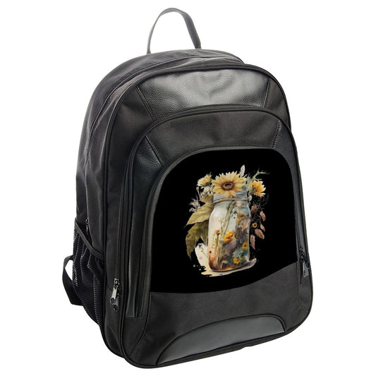 Sunflower Mason Jar Backpack, Floral Backpack, Watercolor Flowers on Black, Trendy Bag, Unique Backpack, Gift Idea, School Backpack - Tawshia