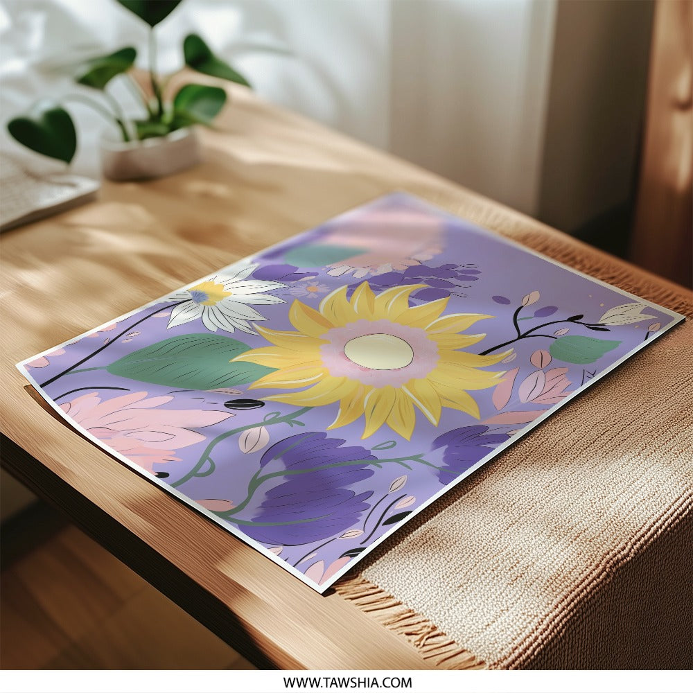 Floral Photographic Print, Sunflower Art Print, Botanical Wall Decor, Purple Flower Illustration, Modern Home Decor, Gift Idea, Nature - Tawshia