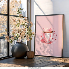 Hot Chocolate Heart Wall Art, Watercolor Mug Print, Valentine's Day Decor, Cute Pink Gift, Cozy Drink Painting, Kitchen Art Print - Tawshia