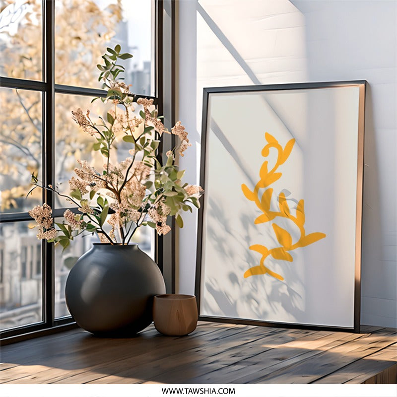 Golden Leaves Wall Art, Minimalist Decor, Botanical Print, Home Decor, Modern Art, Framed Art Print, Simple Leaf Design, Nature Inspired Art - Tawshia