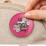 Oh Snap Camera Pinback Button, Floral Camera Button, Photographer Gift, Photo Lover Gift, Unique Pin Badge, Pink Button Badge, Photo Button - Tawshia