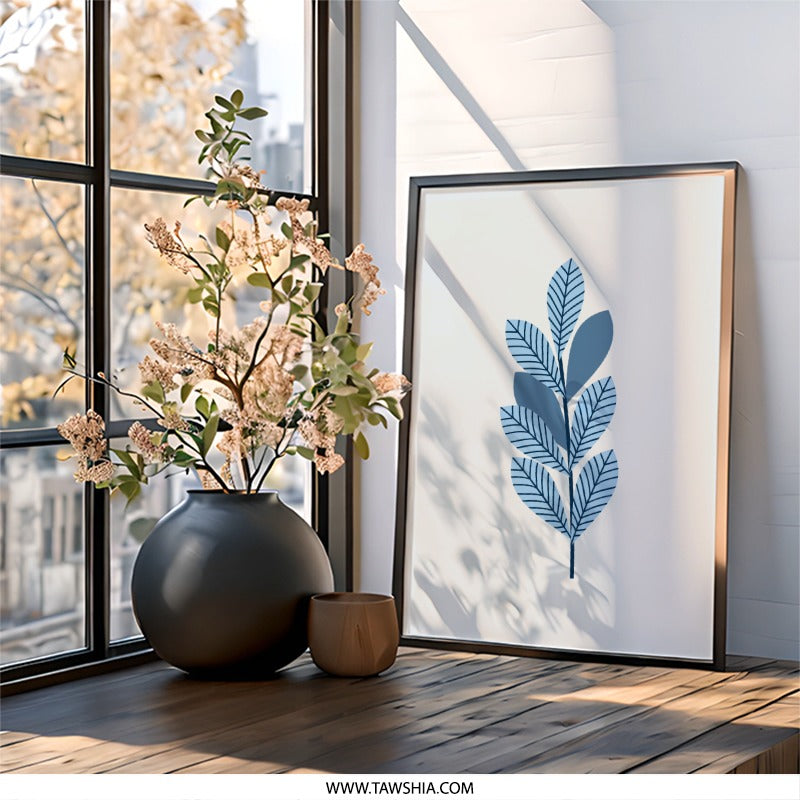 Blue Leaves Wall Art, Minimalist Botanical Print, Modern Home Decor, Nature Inspired Artwork, Leaf Illustration, Framed Art, Wall Decor - Tawshia
