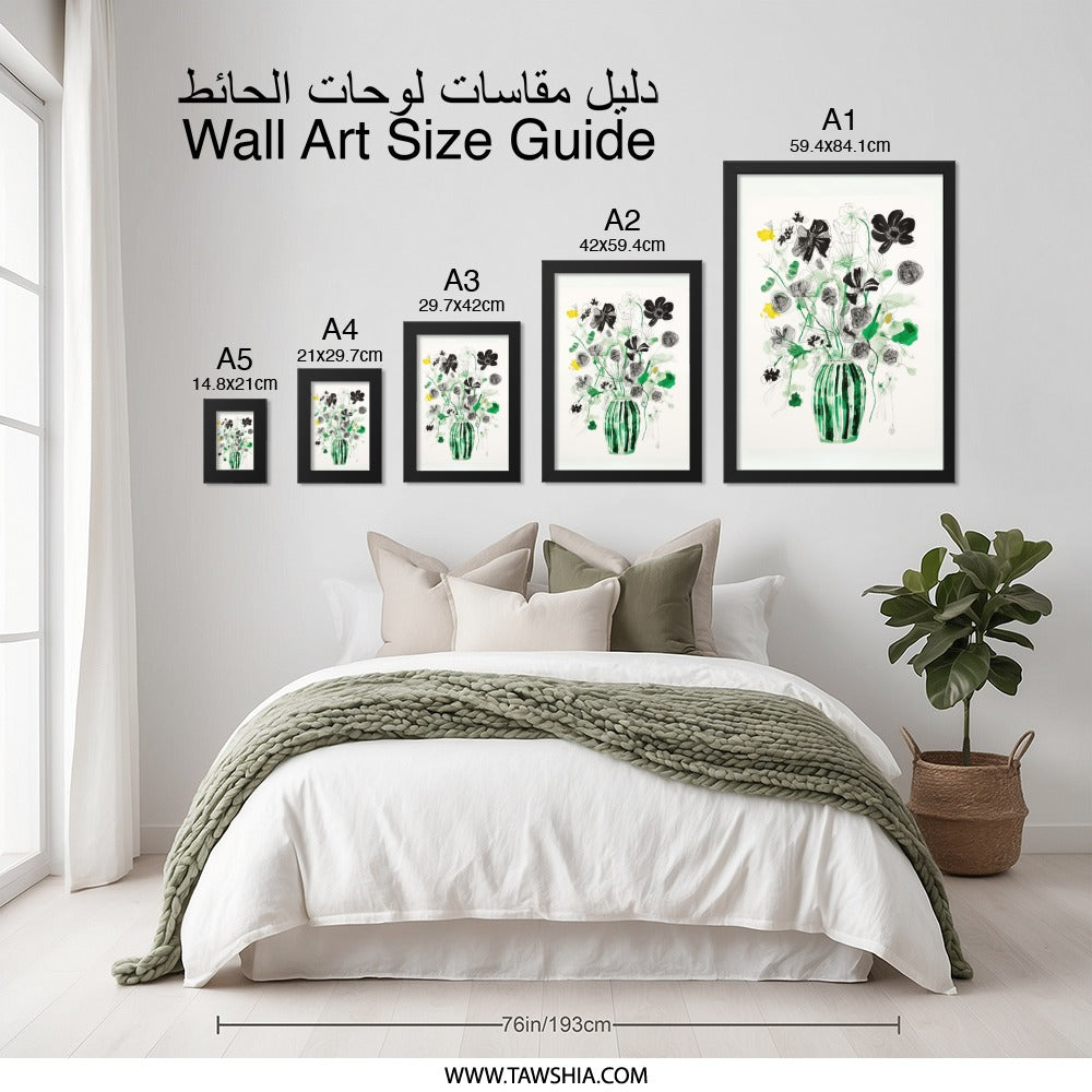 Black Floral Wall Art, Green Vase Print, Minimalist Flower Art, Modern Botanical Decor, Living Room Art, Housewarming Gift - Tawshia