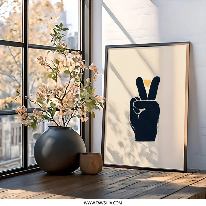 Peace Sign Wall Art, Hand Gesture Print, Love Heart Art, Minimalist Design, Modern Home Decor, Trendy Art Print - Tawshia
