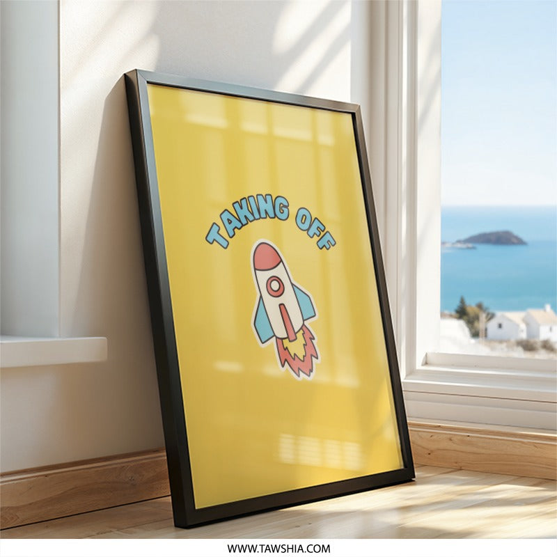 Rocket Wall Art, Space Theme Decor, Taking Off, Kids Room Art, Nursery Print, Playroom Art, Cartoon Rocket, Bright Wall Art, Cute Print - Tawshia