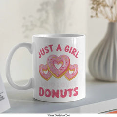 Just A Girl Who Loves Donuts Mug, Cute Donut Lover Gift, Pink Donut Heart Mug, Sweet Treat Gift, Donut Addict Present - Tawshia