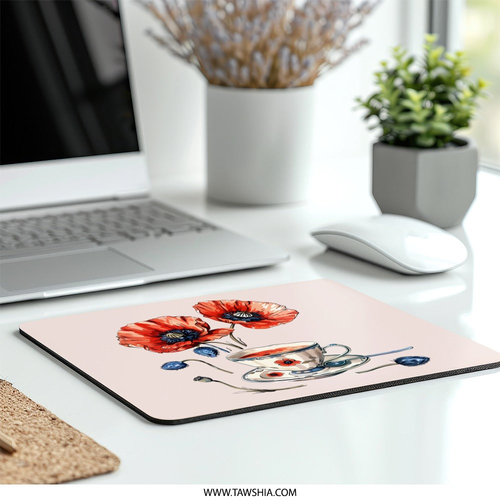Poppy Tea Cup Mouse Pad, Floral Desk Accessory, Botanical Computer Mat, Office Decor, Elegant Gift - Tawshia