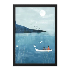 Father Son Rowing Wall Art, Boat Lake Scenery Print, Minimalist Water Landscape, Modern Home Decor, Nature Illustration Art - Tawshia