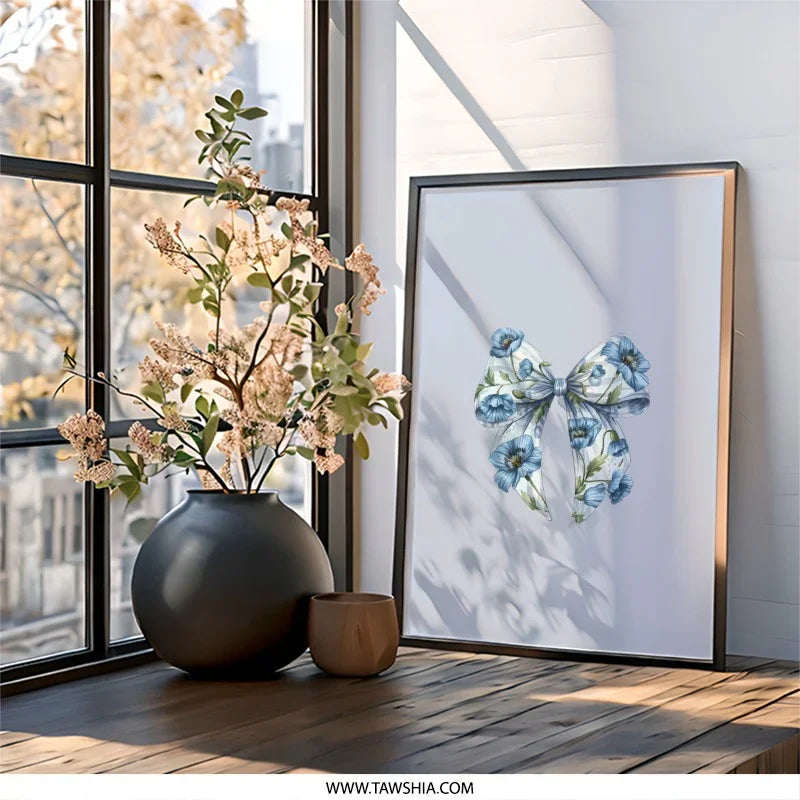 Blue Floral Bow Wall Art, Cute Flower Ribbon Print, Elegant Botanical Decor, Unique Wall Hanging, Gift Idea, Modern Art Print - Tawshia
