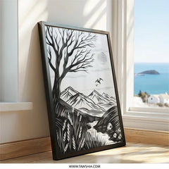 Black and White Landscape Wall Art, Mountain Scenery Print, Nature Artwork, Minimalist Decor, Tree and Birds, Framed Art Print, Wall Decor - Tawshia