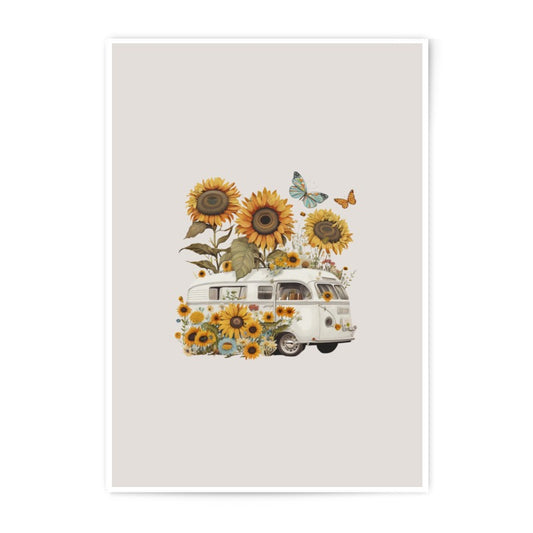 Sunflower Van Photographic Prints, Butterfly Camper Van Art, Floral Vehicle Wall Art, Vintage Car Picture, Nature Photography, Home Decor - Tawshia