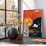 Abstract Floral Art, Modern Flower Wall Art, Orange and Blue Print, Botanical Art Print, Living Room Decor, Home Decor - Tawshia
