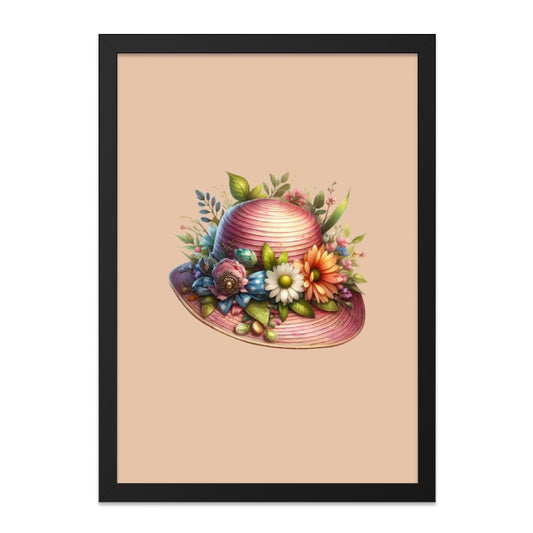 Floral Hat Framed Wall Art, Elegant Hat Art Print, Vintage Style Flower Hat Decor, Feminine Wall Decor, Botanical Framed Art, Pink - Tawshia