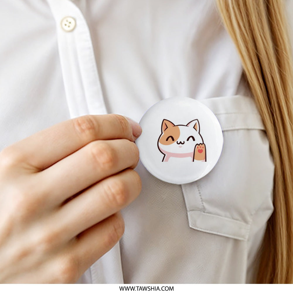 Waving Cat Pinback Button, Cute Kitten Button, Kawaii Cat Pin, Happy Cat Accessories, Cat Lover Gift, Trendy Pins, Cat Gifts - Tawshia