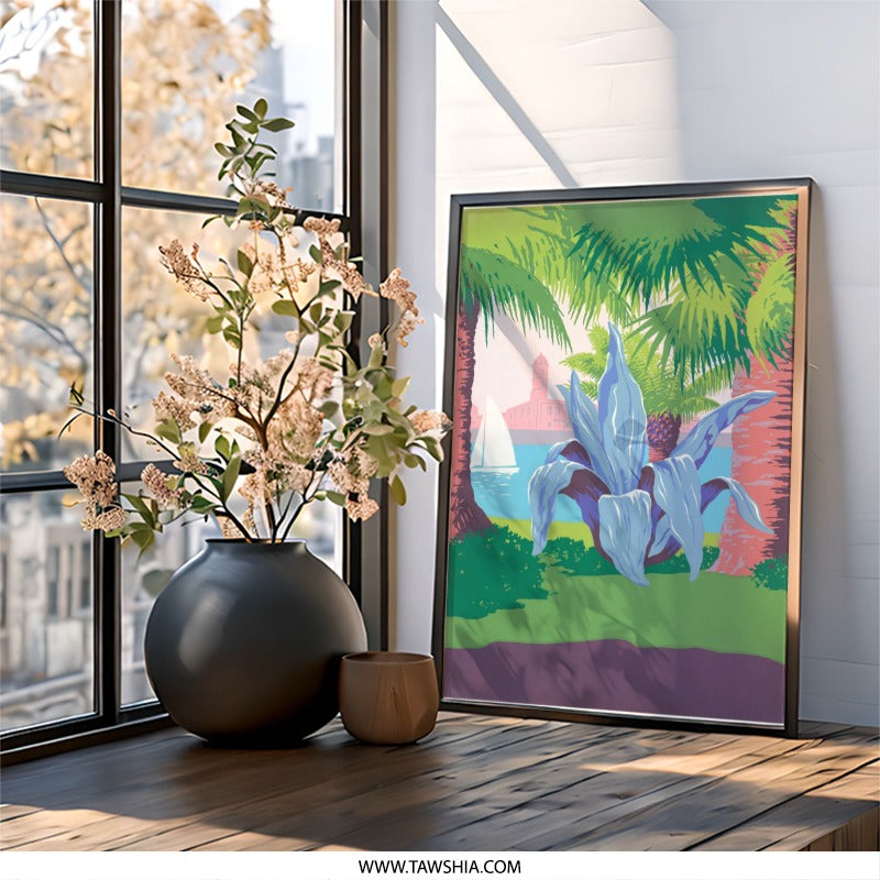Tropical Wall Art, Coastal Print, Palm Tree Scene, Agave Plant Art, Sailboat Art, Summer Decor, Vacation Vibes Wall Decor - Tawshia