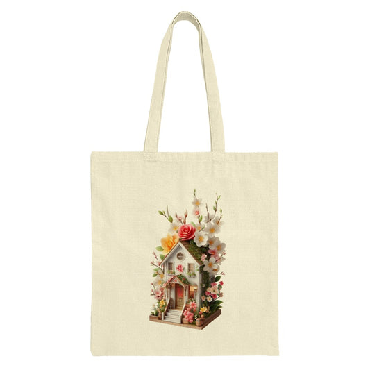 Floral House Tote Bag, Cottagecore Aesthetic Tote, Cottage Flowers, House Illustration Tote, Spring Flowers Tote, Floral Print Tote - Tawshia
