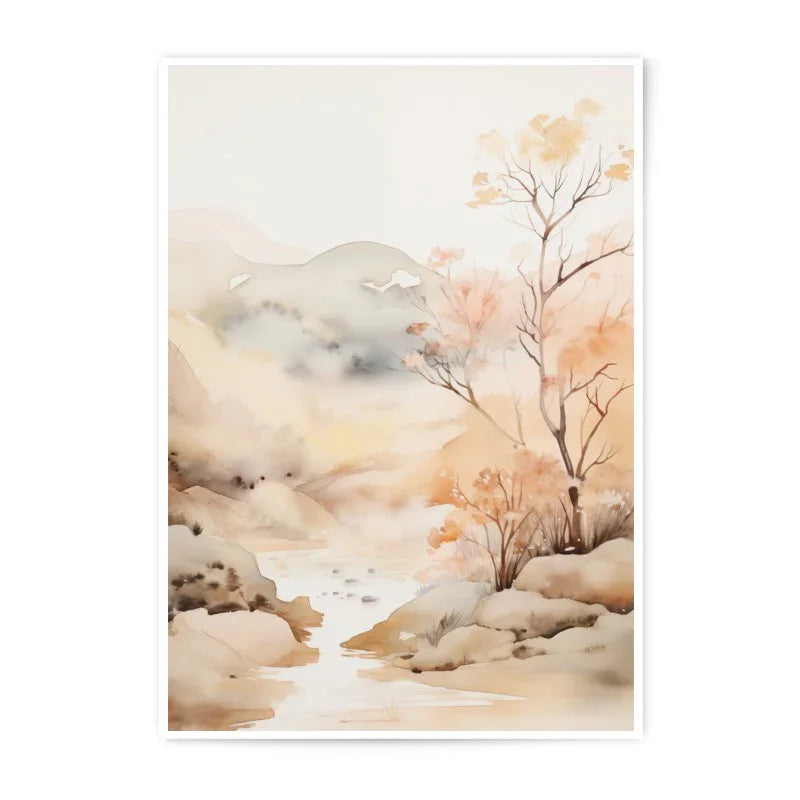 Watercolor Landscape Photographic Print, Neutral Tone Art Print, Mountain River Photo, Nature Painting Photo Print, Calming Wall Decor - Tawshia