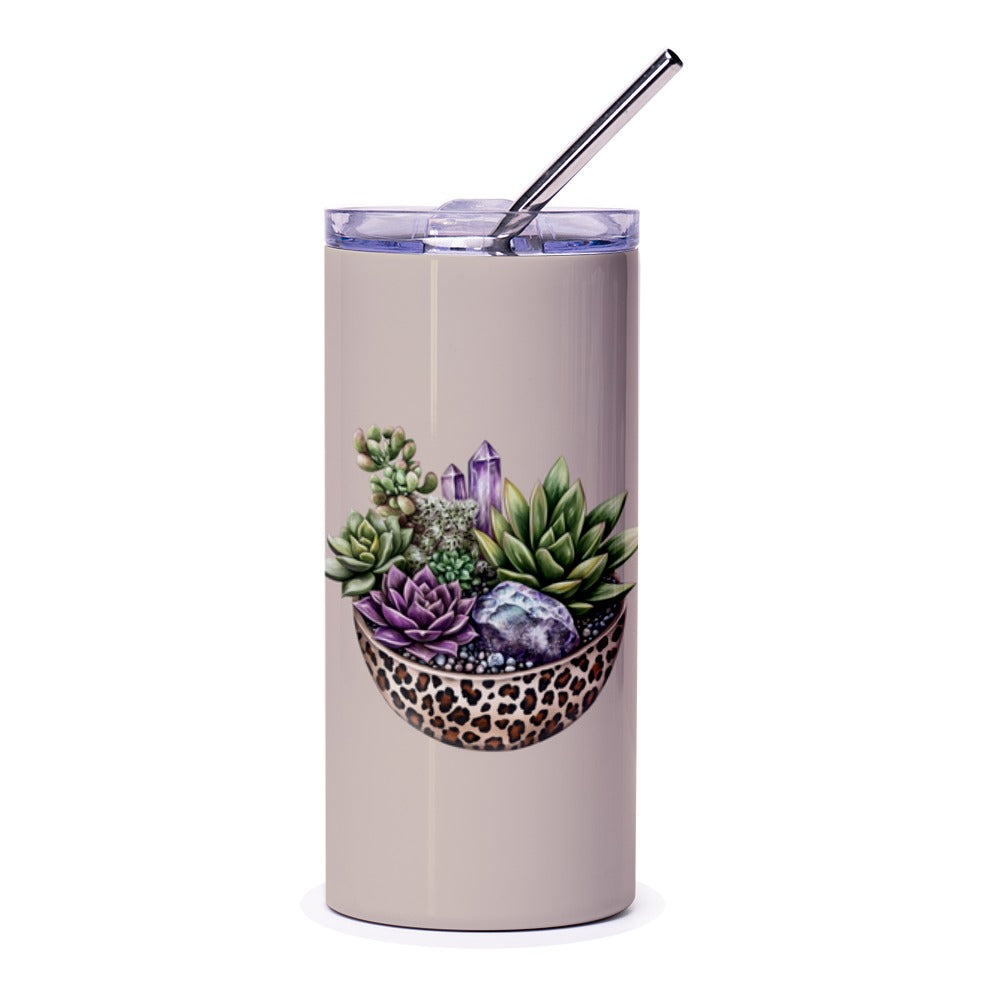 Succulent Crystal Tumbler, Leopard Print Tumbler, Boho Chic Gift, Plant Lover Gift, Stylish Tumbler, Unique Tumbler - Tawshia