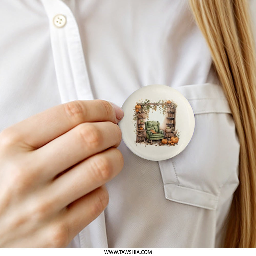 Autumn Reading Nook Pinback Button, Cozy Fall Bookshelf Button, Pumpkin Patch Pin, Literary Gift Idea, Book Lover Accessories - Tawshia