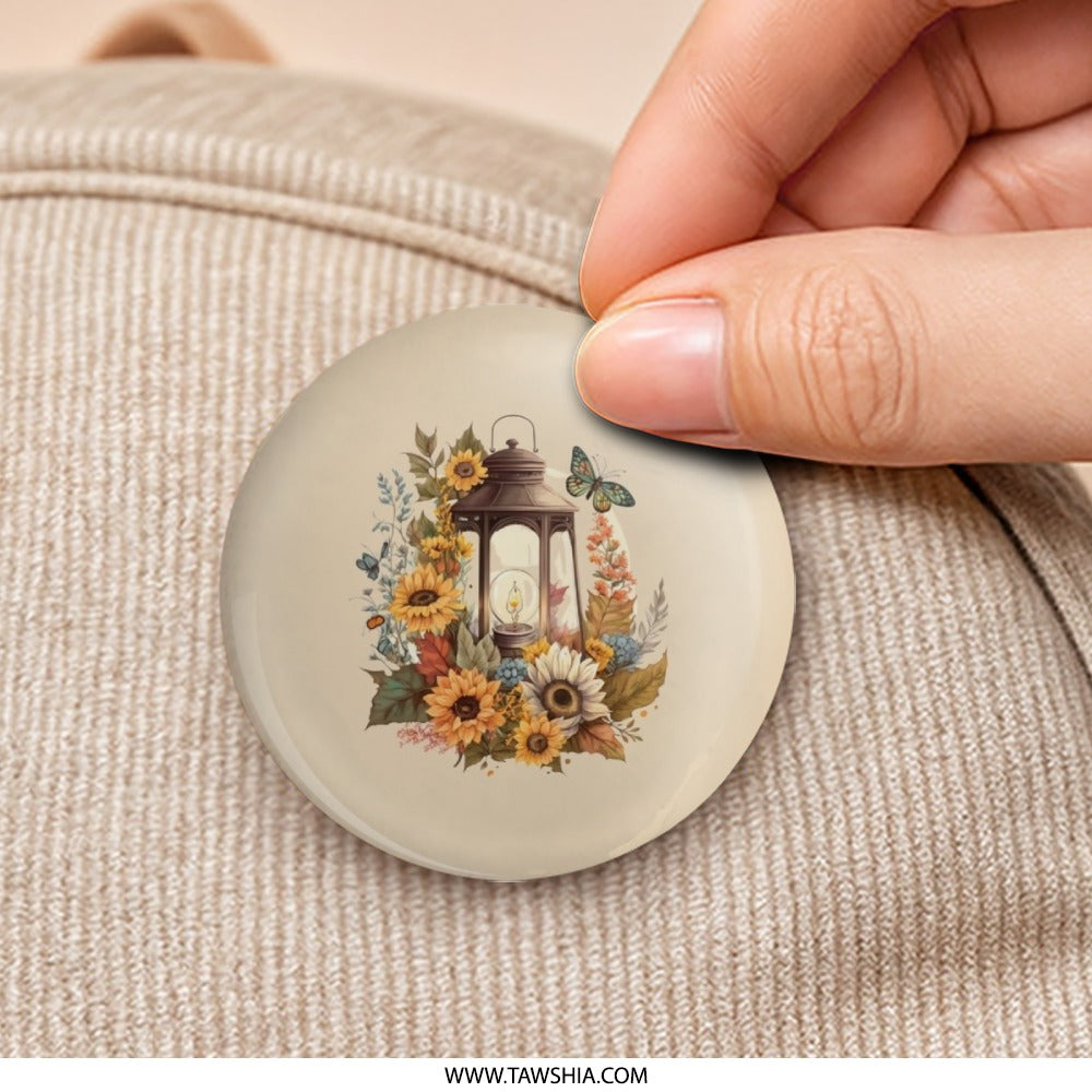 Floral Lantern Pinback Button, Sunflower Butterfly Badge, Rustic Lantern Art Button, Autumn Flower Pinback Button - Tawshia