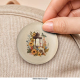 Floral Lantern Pinback Button, Sunflower Butterfly Badge, Rustic Lantern Art Button, Autumn Flower Pinback Button - Tawshia