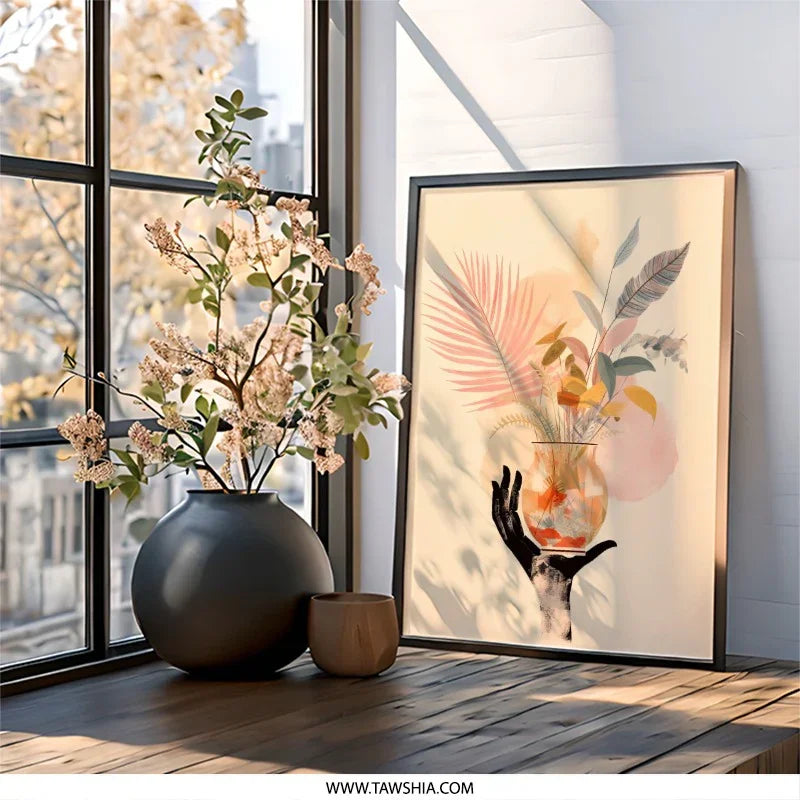 Botanical Wall Art, Hand Holding Vase, Floral Print, Modern Art Decor, Unique Gift, Home Decor, Nature Inspired Wall Art - Tawshia