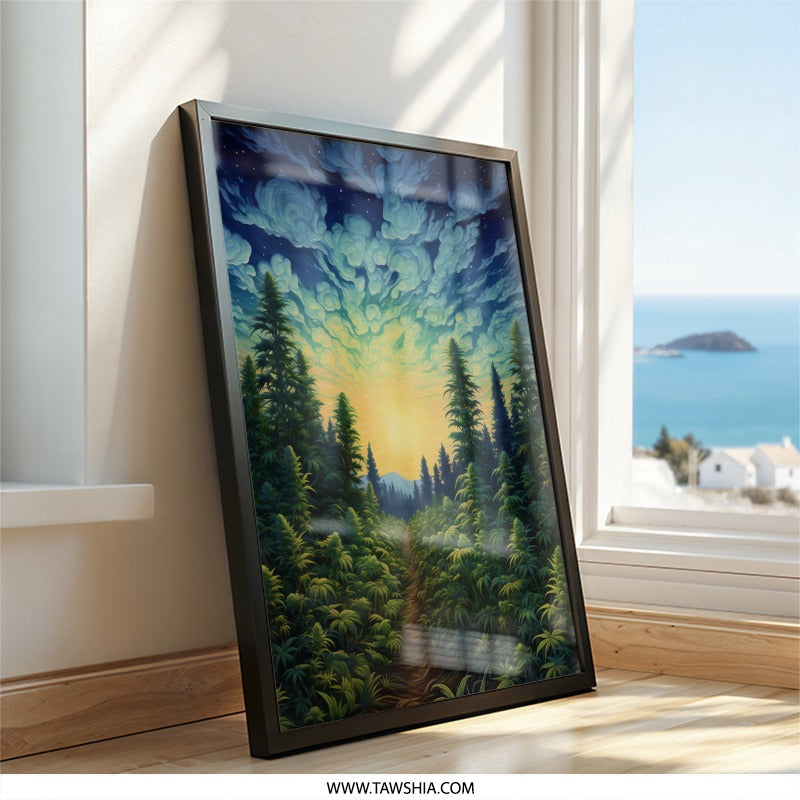 Forest Wall Art, Cannabis Field Art, Landscape Print, Nature Painting, Sunset Scene Decor, Trees Wall Decor, Pathway Art, Cloudscape - Tawshia