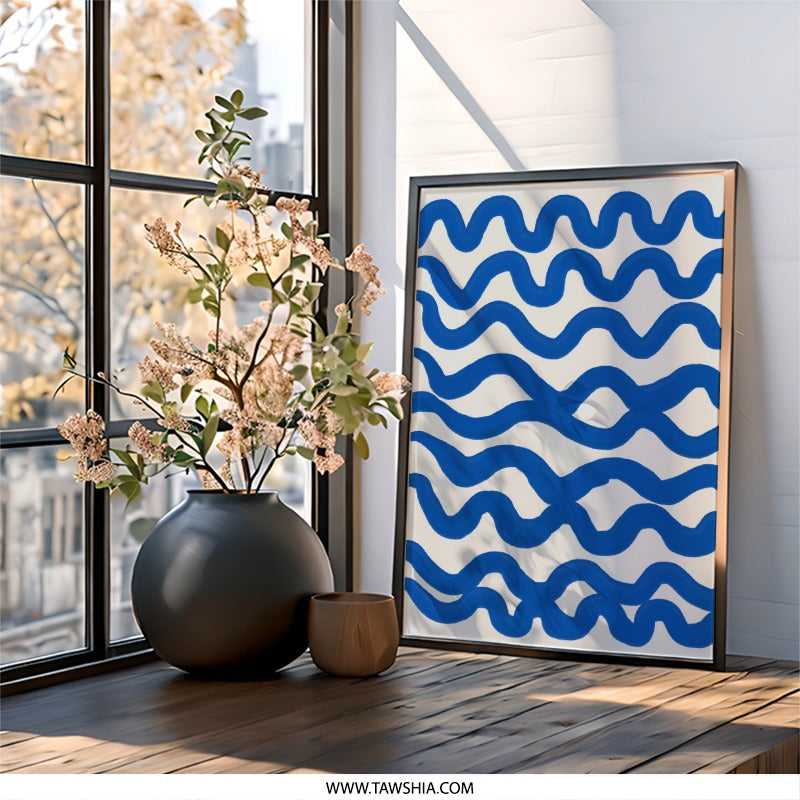 Indigo Waves Wall Art, Abstract Line Art Print, Modern Home Decor, Coastal Painting, Navy Blue Artwork, Minimalist Wave Art - Tawshia