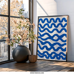 Indigo Waves Wall Art, Abstract Line Art Print, Modern Home Decor, Coastal Painting, Navy Blue Artwork, Minimalist Wave Art - Tawshia