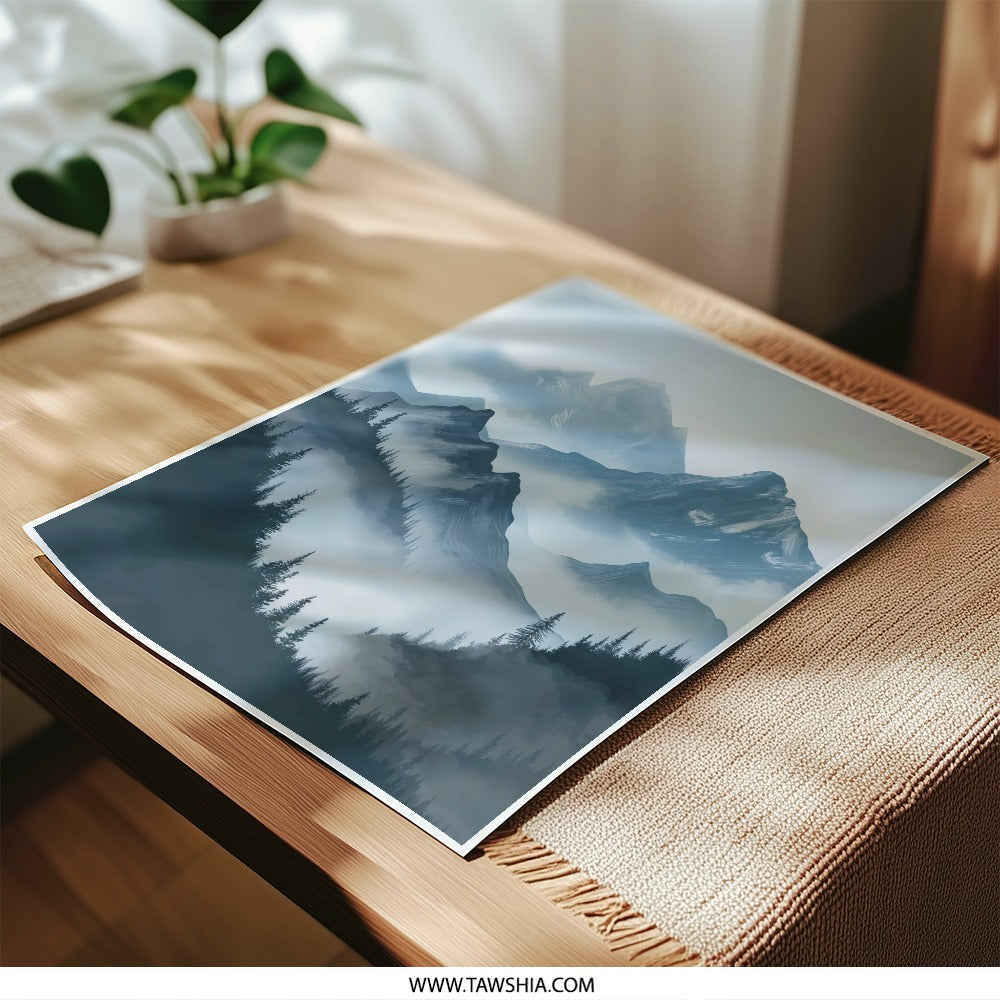 Misty Mountain Photographic Print, Landscape Art, Mountain Range, Forest Scene, Nature Wall Art, Home Decor, Serene Scenery - Tawshia