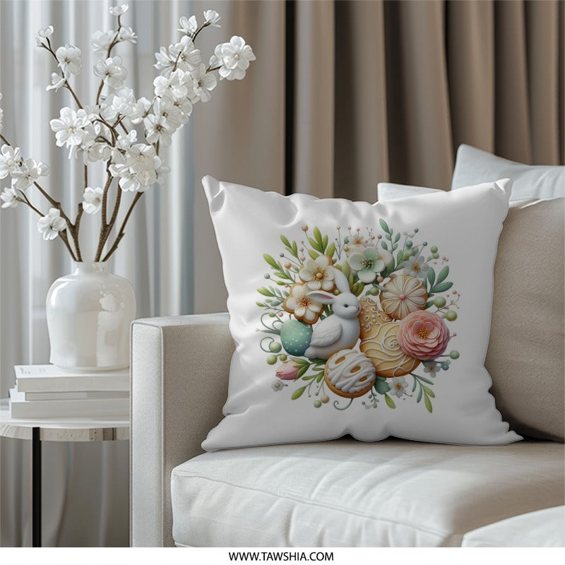 Easter Bunny Pillow, Spring Floral Pillow, Easter Egg Decor, Holiday Home Decor, Cute Bunny Design, Springtime Gift Pillow - Tawshia