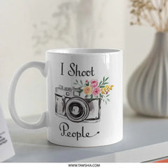 Photographer Gift Mug, I Shoot People Funny Mug, Camera Mug, Photography Lover Gift, Photography Coffee Mug, Floral Camera Mug Design - Tawshia