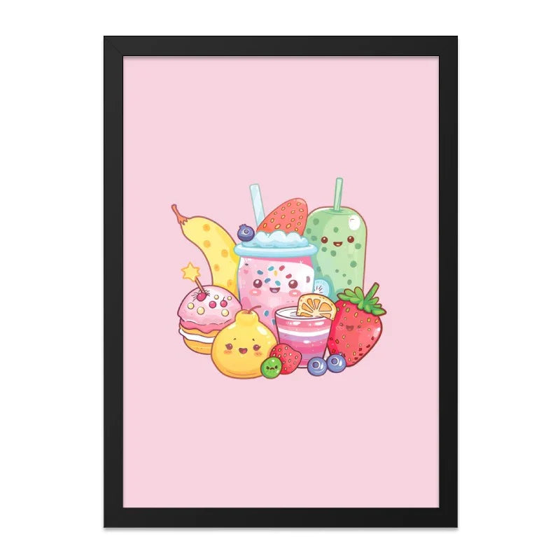 Kawaii Food Framed Wall Art, Cute Fruit and Drinks Illustration Print, Sweet Treats Home Decor, Pastel Colors Art, Kid Room Art - Tawshia