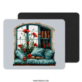 Window Seat Poppy Mouse Pad, Floral Cozy Nook Desk Decor, Reading Corner Mousepad, Book and Flower Gift, Unique Office Accessory - Tawshia