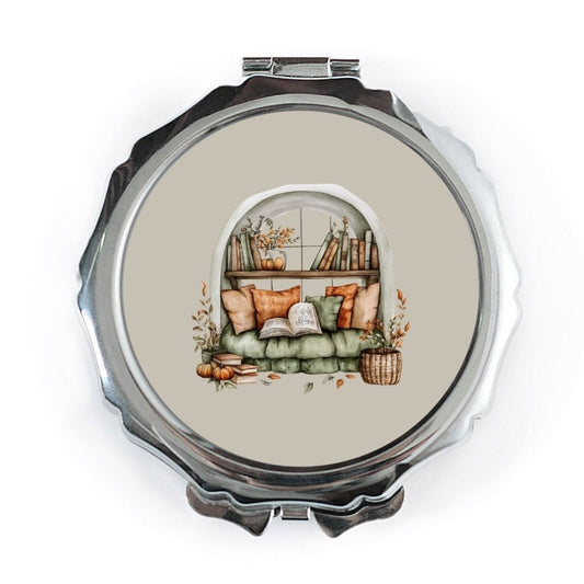 Cozy Reading Nook Pocket Mirror, Book Lover Gift, Autumn Home Decor, Portable Makeup Mirror, Literary Gift, Reading Illustration - Tawshia