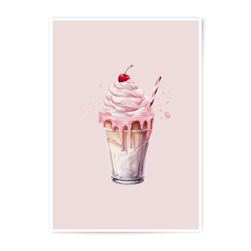 Pink Milkshake Photographic Prints, Dessert Art, Cherry Topping, Cute Food Illustration, Kitchen Decor, Sweet Treat Print - Tawshia