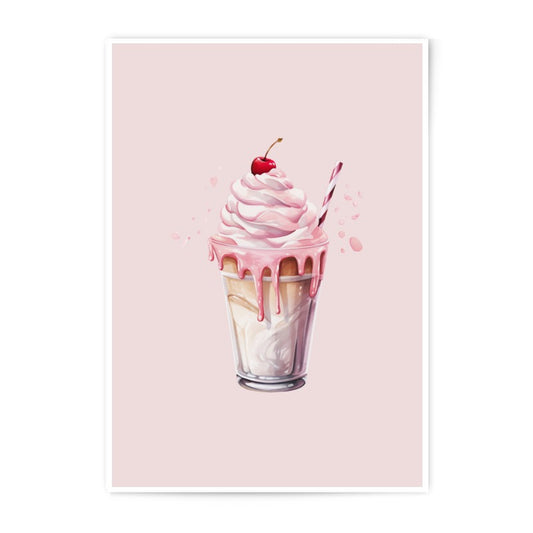 Pink Milkshake Photographic Prints, Dessert Art, Cherry Topping, Cute Food Illustration, Kitchen Decor, Sweet Treat Print - Tawshia
