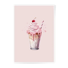 Pink Milkshake Photographic Prints, Dessert Art, Cherry Topping, Cute Food Illustration, Kitchen Decor, Sweet Treat Print - Tawshia