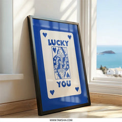 Lucky You Wall Art, Queen of Hearts Print, Playing Card Art, Blue and Cream Decor, Unique Wall Decor, Minimalist Art - Tawshia