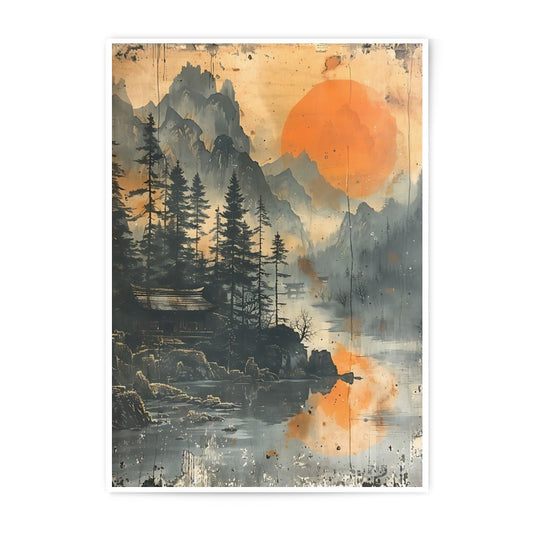 Japanese Landscape Photographic Print, Sunset Mountain Scenery Wall Art, Asian Decor Print, Lake and Temple, Vintage Art Print - Tawshia