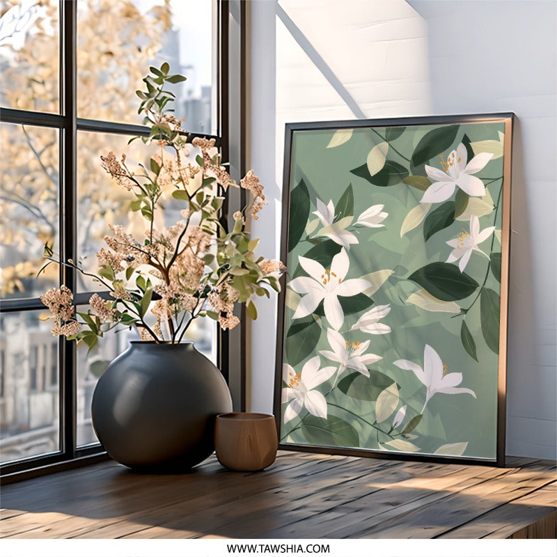 Floral Wall Art, White Lily Print, Botanical Art, Sage Green Decor, Elegant Flower Art, Home Decor Wall Hanging, Living Room Wall Decor - Tawshia